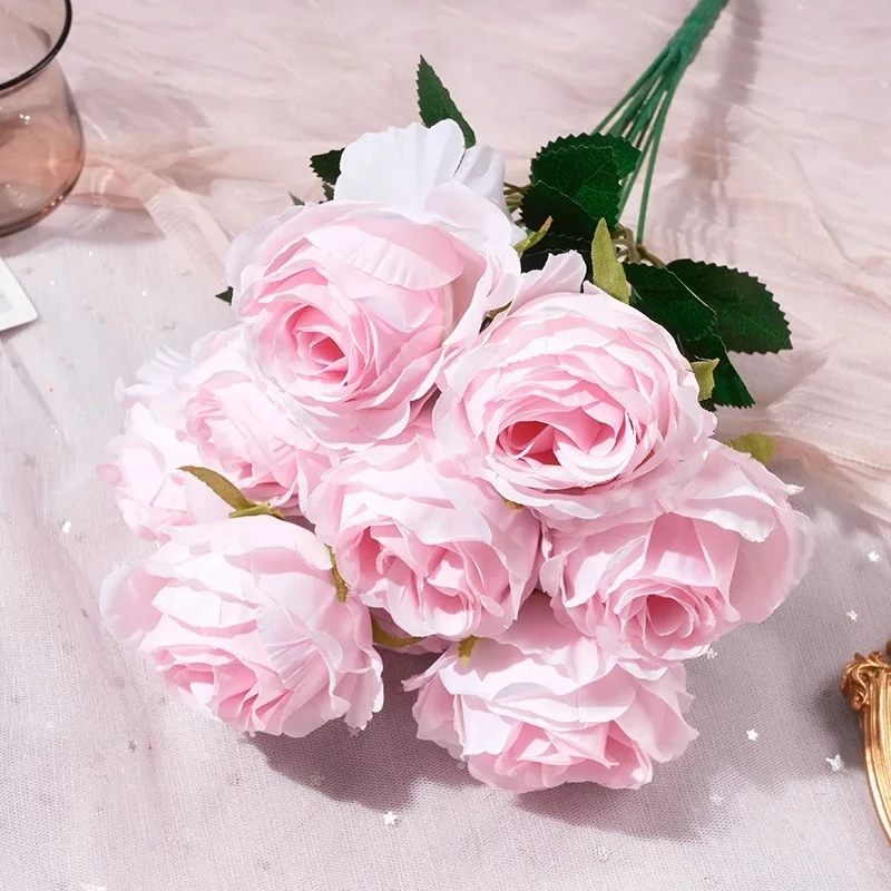 1 Bunch/9 Heads Snow Mountain Rose Artificial Floral Bride Bouquet DIY Wedding Flower Wall Accessories Party Home Decor Props