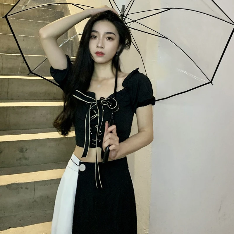 Off Shoulder Blouse Women Lace-up Bow Design Puff Short Sleeves Slim Fitting Sexy All-Match Hot Girl Streetwear Versatile Summer