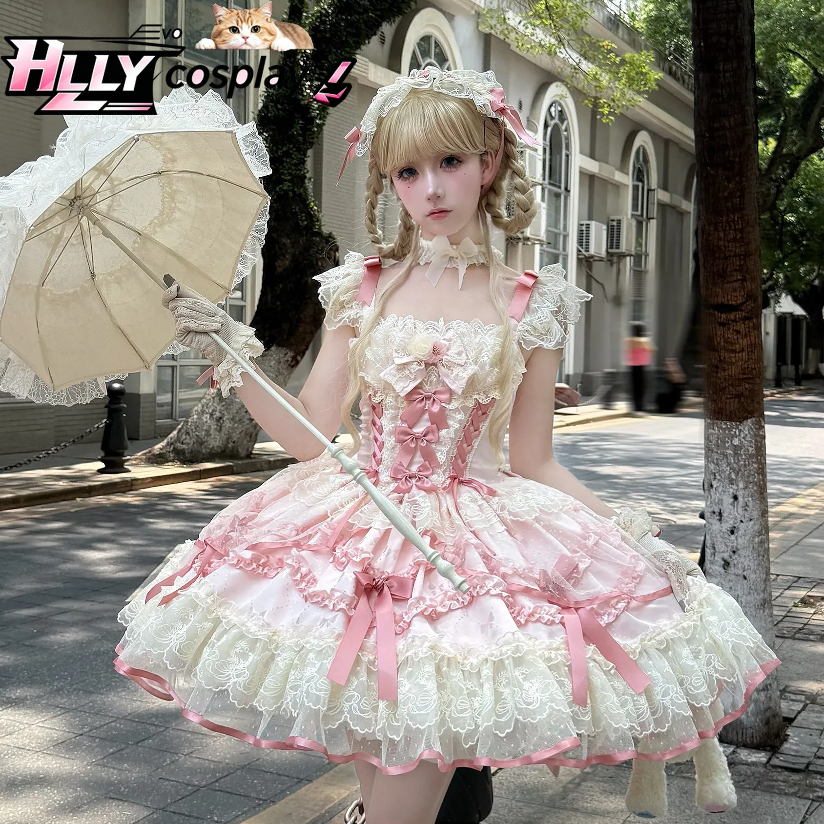 

New Sweet Lolita Balletcore JSK Camisole Dress Pink Lace Bow Ruffles Princess Vintage Aesthetic Suspender Dress for Women Girls