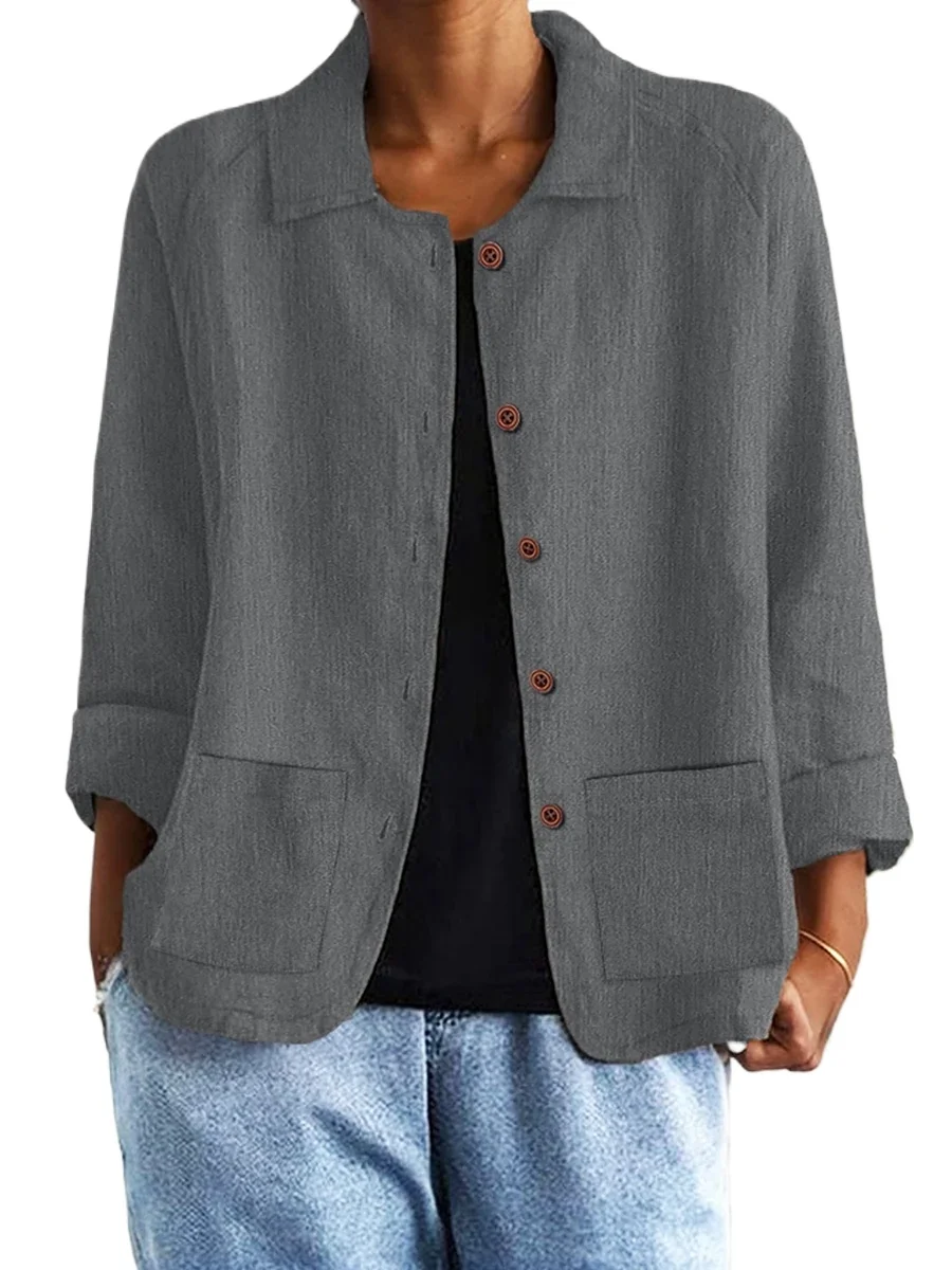 Women Casual Solid Color Button Up Jacket Loose Long Sleeve Pockets Coat Vintage Outwear Spring Autumn Fashion Office Overcoat