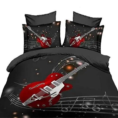 

Guitar Duvet Cover Set,Electric Guitar In Burning Hardrock Musical Creativity Concept, Bedroom Decor Bedding Set Decor