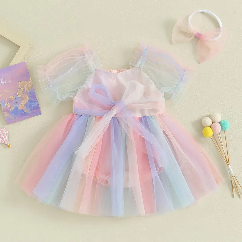 Infant Baby Girl Summer Jumpsuit Dress with Bow Headband Sleeveless Tulle Patchwork Bow Romper Set