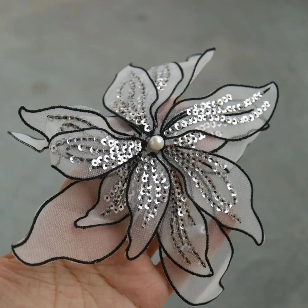 

20 см DIY нашивки-цветы для вышивки, пришивные, из кружевной сетки, с пайетками, для одежды, свитеров, пальто, аксессуары, тканевые аппликации-цветы