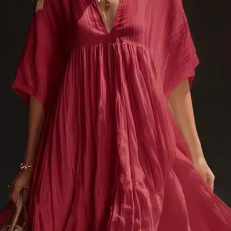 

Women's Short Sleeve A-line Swing Dress, Loose Fit Women Dress V Neck Pleated Flowy Long Dress, Summer Casual Sundress