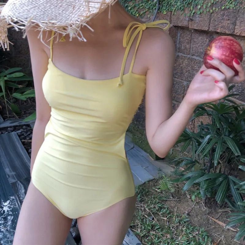 Korean Style One Piece Swimwear Solid Yellow Tie Shoulder Swimsuit Women Bathing Suit Sexy Monokini Pool Beach Wear 2024 New