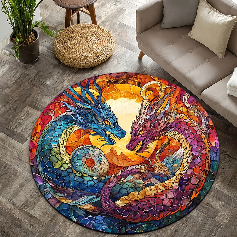 Double Dragon Colorful Style Flannel-printed round floor mats are slip-resistant Suitable for living room terrace garden carpets