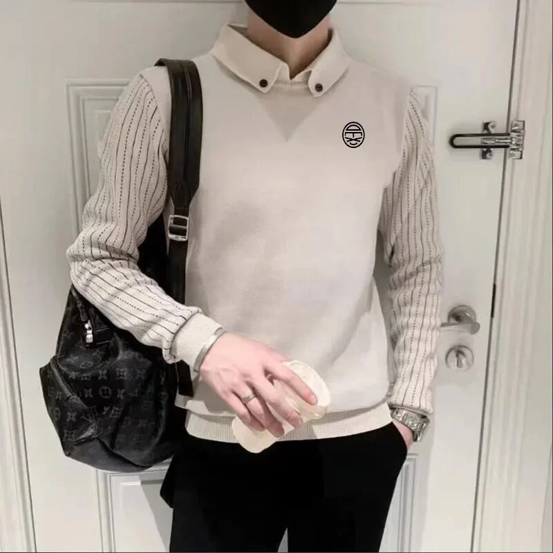 Korean Cultivate Oneself Polo Shirt Autumn Golf Wear Men 2024 Luxury Brand Golf Sweater Fashion Fake Two Items Casual Golf Knit