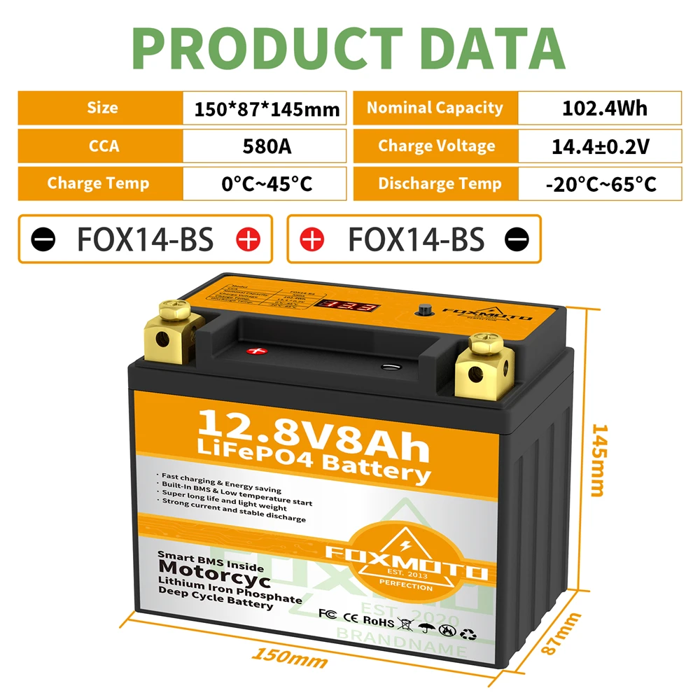 FOX14-BS 12.8V 102.4Wh CCA 580A BMS Moto Démarrage Batterie 12.8V Lithium fer Phxing ate Scooter veFePO4 24.com YTX14-BS