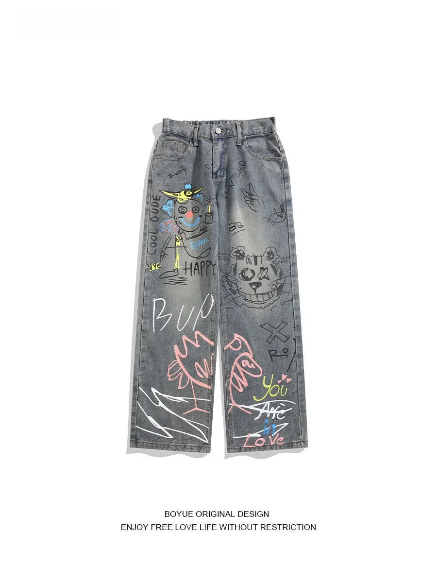 

Boyue American Retro fiti Jeans ex Summer Trendy Casual Pants Versatile Straight Leg Loose Fit Jeans for Teens