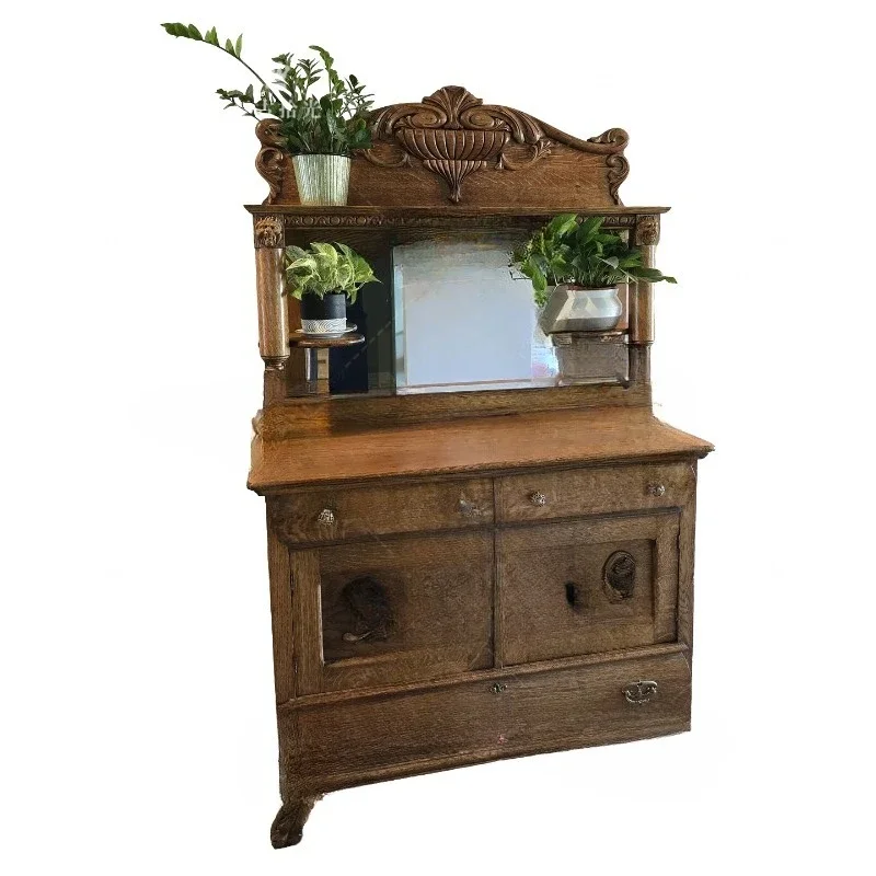 

Retro solid wood carving flower entrance cabinet, small apartment living room decorative cabinet, household wall locker