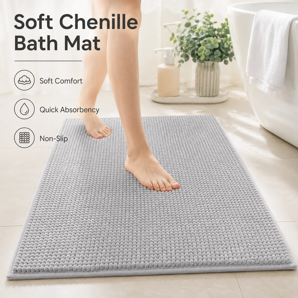 Chenille Bath Mat with Non-Slip Backing, Soft Absorbent Machine-Washable Bathroom Rug for Shower, Tub and Vanity, 40x60/50x80cm
