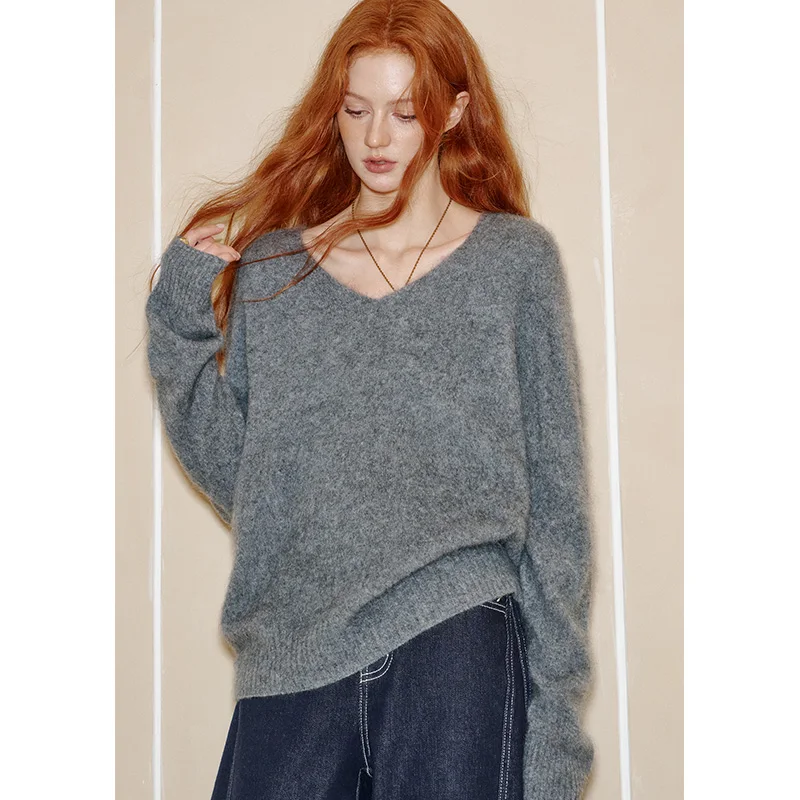 ELFSACK 2025 الخريف الوافدين الجدد عادية بلون طاقم الرقبة المتضخم سترة فضفاضة متماسكة للمرأة