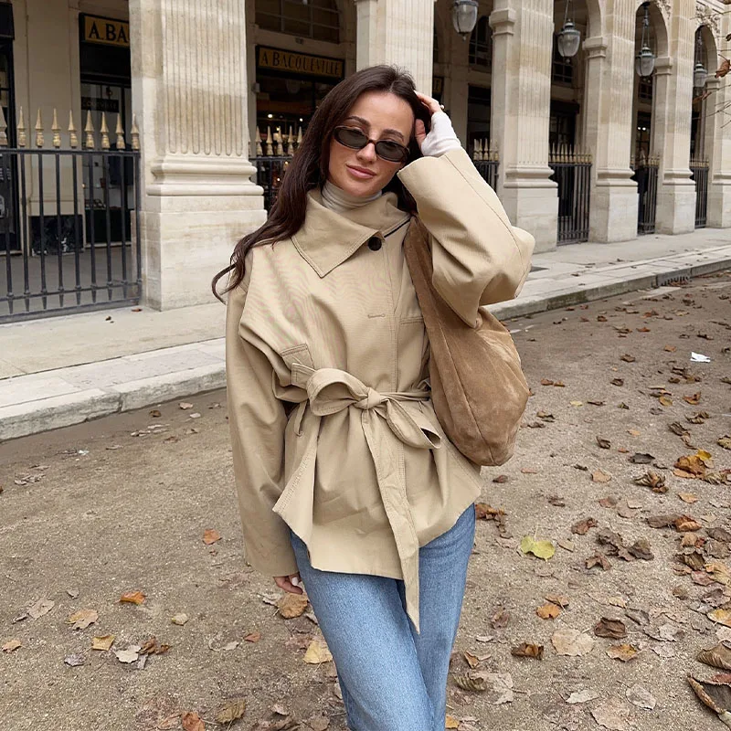 HH Women's Autumn Coats Elegant Long Sleeves Khaki Solid Color With Belt Fashion Streetwear Female Street Outwear Spring Jacket