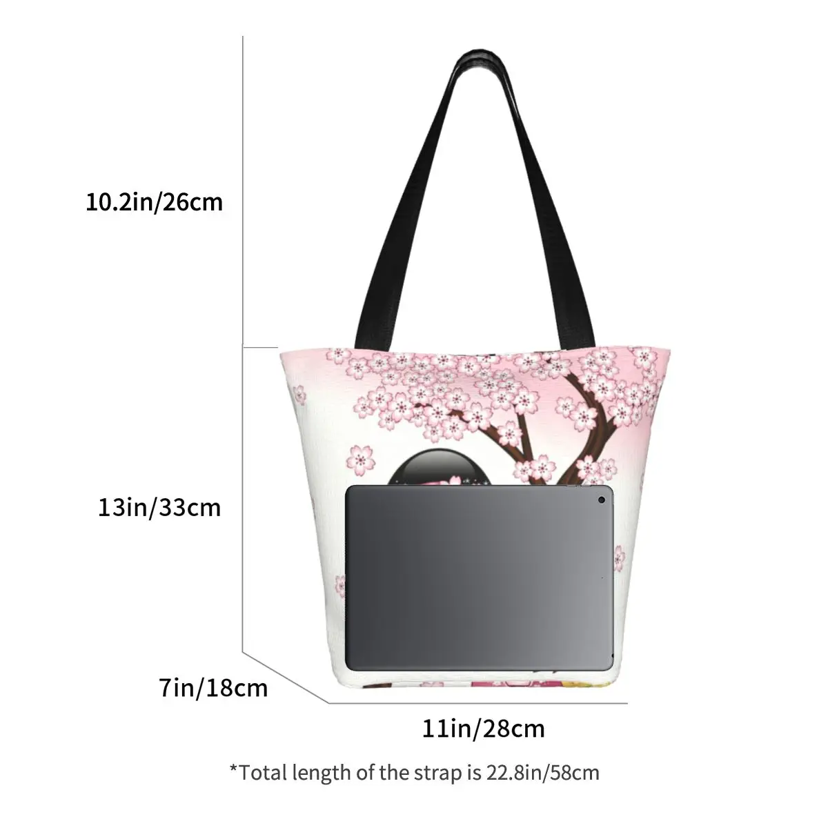 Custom Japanese Spring Kokeshi Doll Shopping Bag Women Shoulder Canvas Tote Bag Durable Sakura Cherry Groceries Shopper Bags