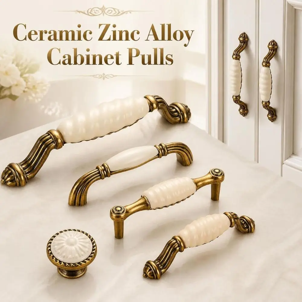 Zinc Alloy Ceramic Cabinet Pulls Antique Gold Retro Vintage Drawer Handles Sturdy European Style Antique Dresser Knobs Furniture