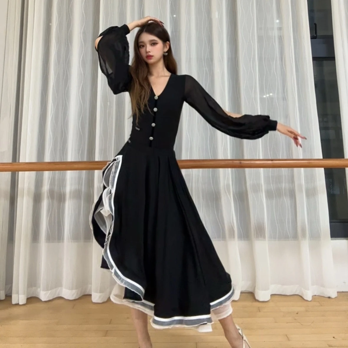 

Одежда для современного вальса, черные топы с разрезом и длинными рукавами, юбка, платья для бальных танцев, одежда для выпускного вечера, DNV25914