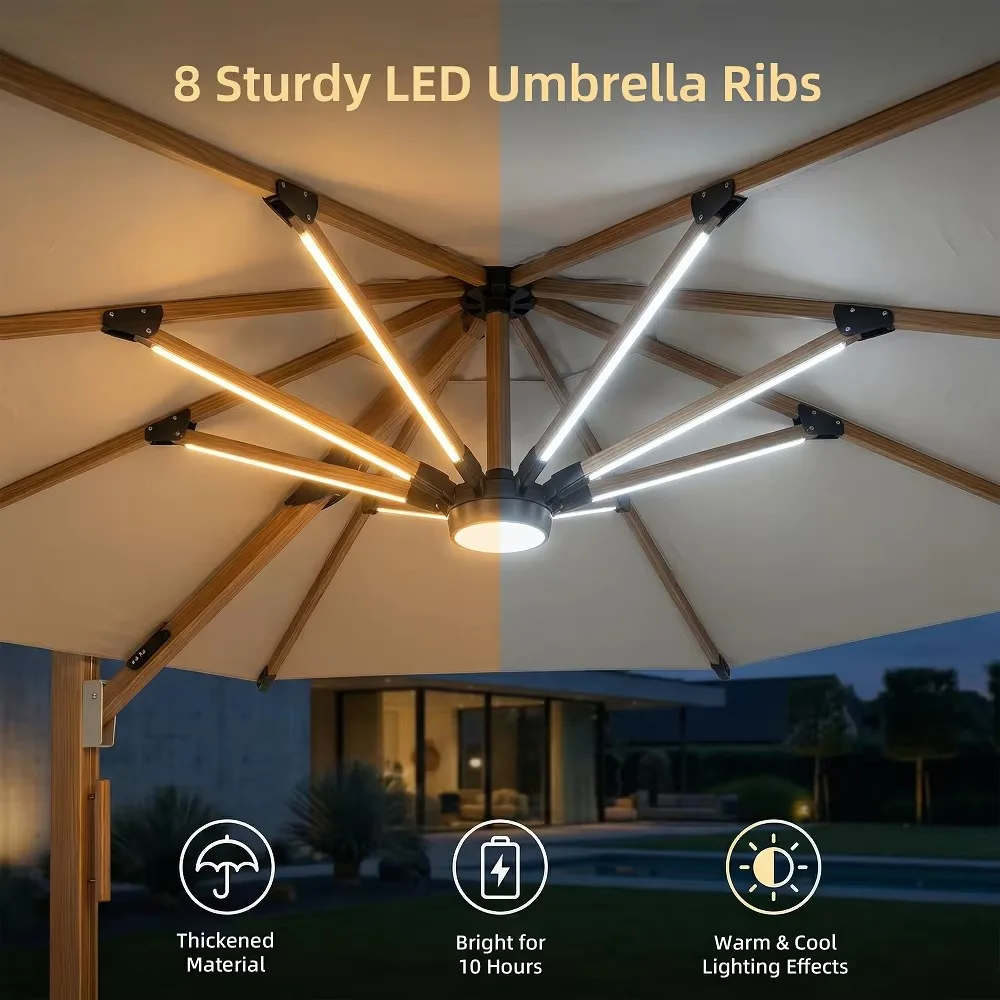 Super High End 3m*3m All Aluminum Frame Pole Cantilever Patio Parasol Umbrella with Movable Base Led Light