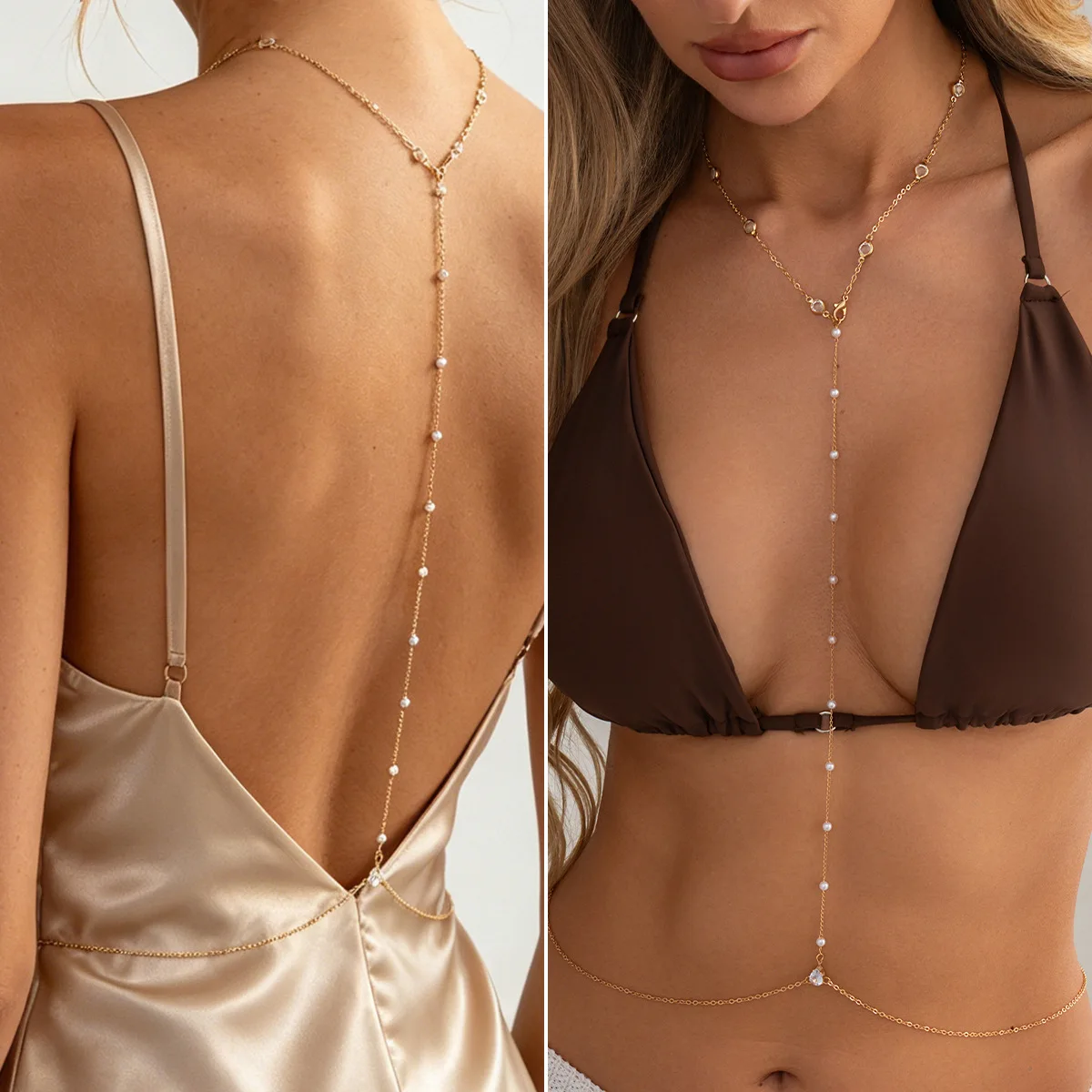 Body Chain Convertible Pearl Crystal with Metal Clasp for Bikini Summer Resort Lightweight Comfortable Sturdy Elegant