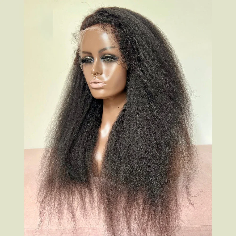 Natural Black 28 “Long Soft Yaki Kinky Straight Hair Lace Wig For Women Natural Hairline Kinky Straight  Wig With Afro Baby Hair