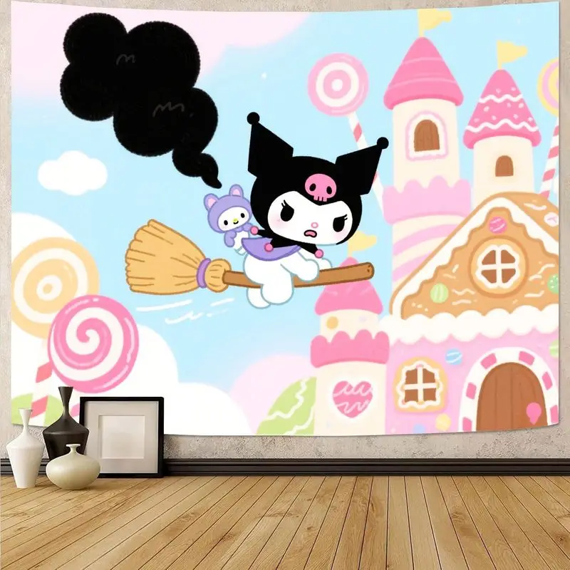 

Sanrio Kuromi & Baku Witch Tapestry, Kawaii Pastel Candy Castle Wall Art, Spooky Cute Bedroom Dorm Decor Gift for Girls.