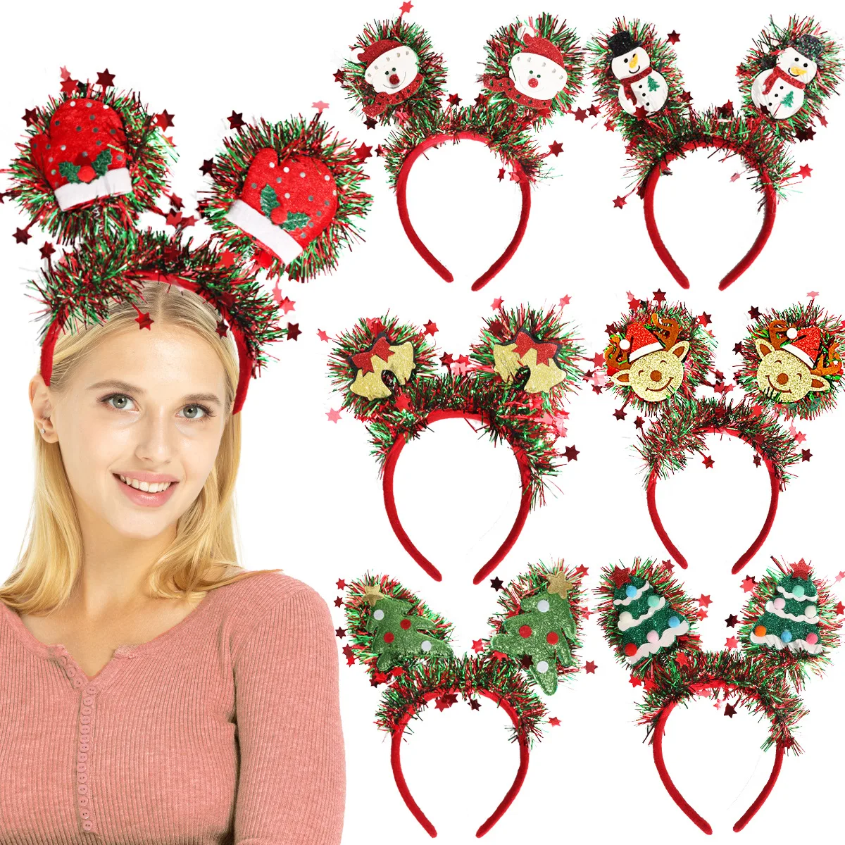 

2pcs Christmas Star Colorful Strip Headband Decoration Party Bell Snowman Atmosphere Decoration Headband