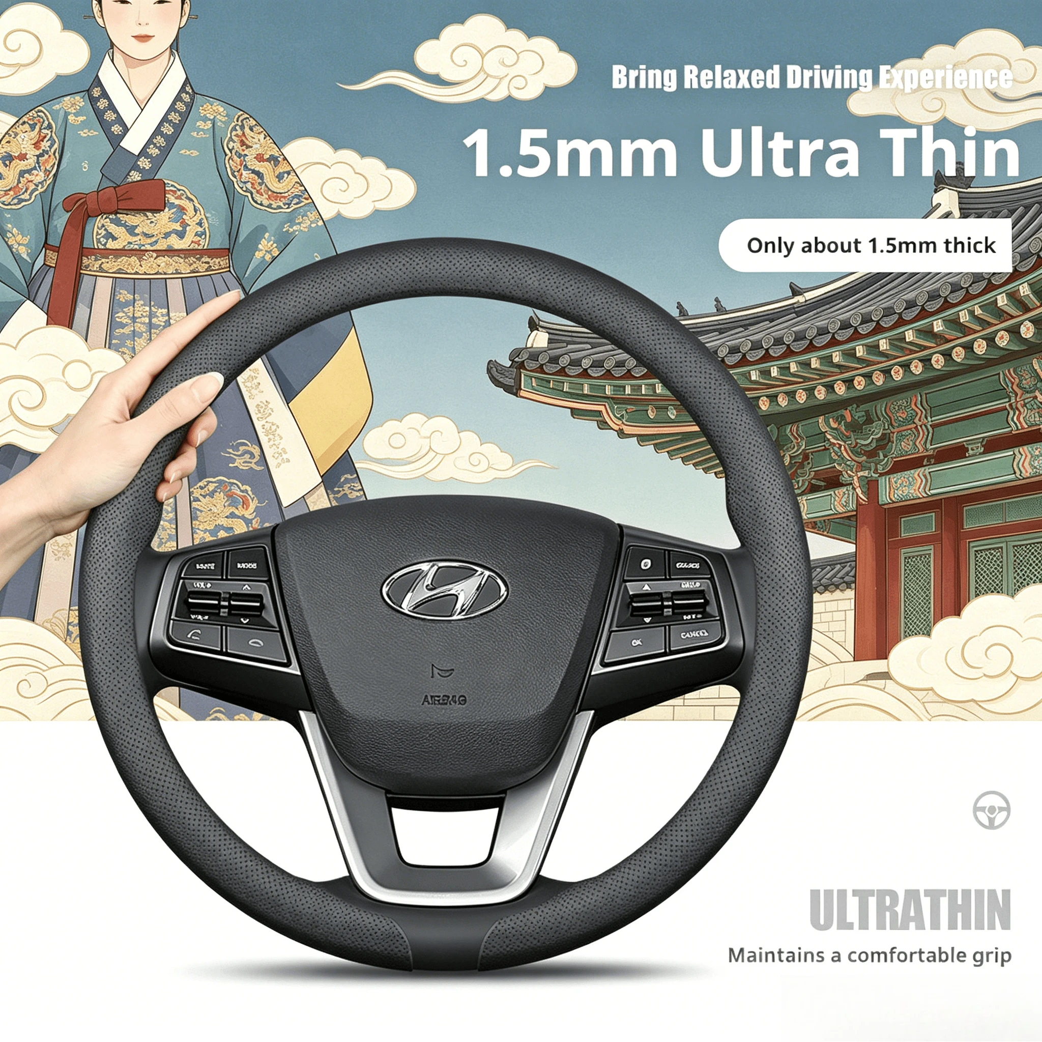 Luxury 1.5MM Ultra Thin Steering Wheel Cover 37-38CM For Hyundai Avante Grandeur Palisade Santa Fe Sonata Tucson Kona Ioniq 5