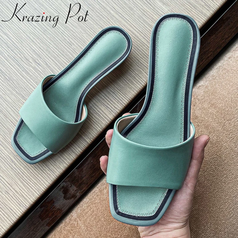 Krazing Pot Natural Leather Peep Toe Med Heel Outside Slippers Solid Office Lady Dating Casual Slip On Summer Shoes For Women