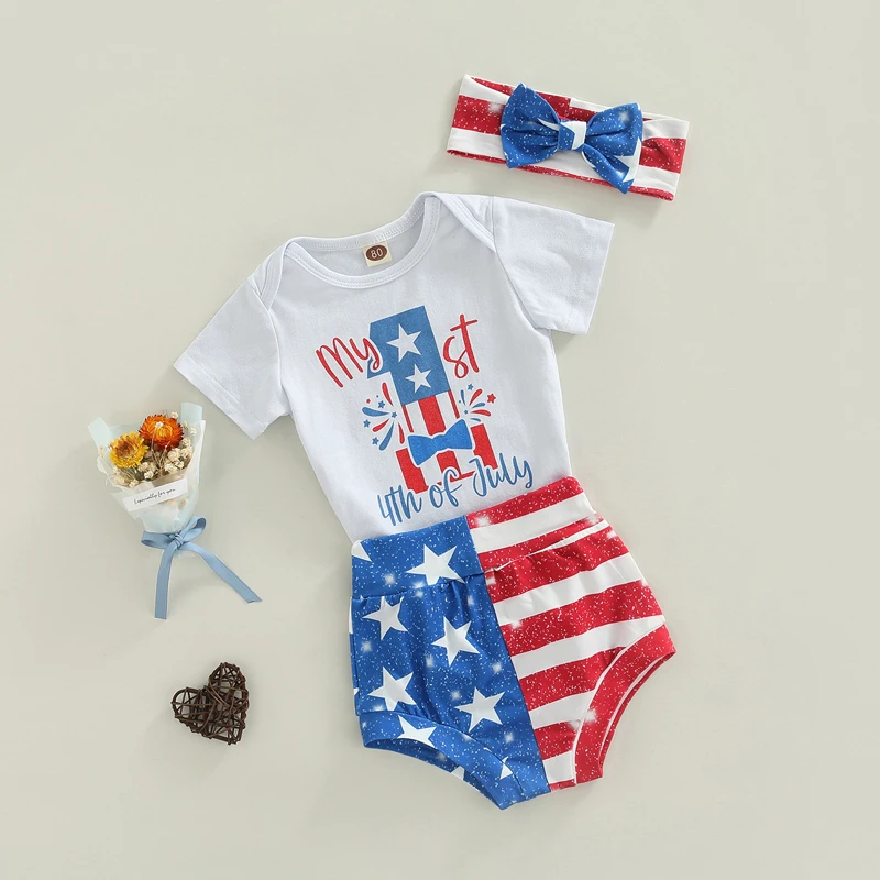 

Red and Blue Striped Romper with Matching Shorts and Headband Set for Independence Day Celebration