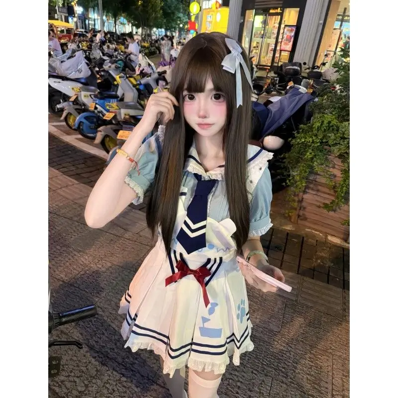 

Japan Soft Girl New Summer Fitted Waist Bowknot Bear Ear Short Sleeve Sailor Collar Shirt Top Cute Suspender Skirt 2 Piece Set