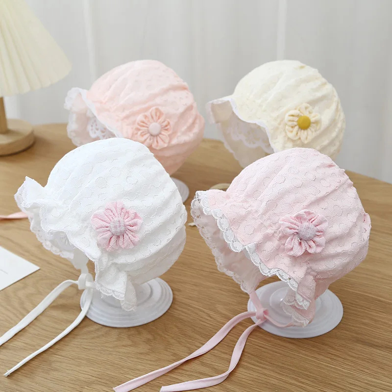 Lace Flower Newborn Baby Bonnet Hat Princess Girls Ruffle Lace Up Cap Summer Breathable Mesh Infant Toddler Sun Hat