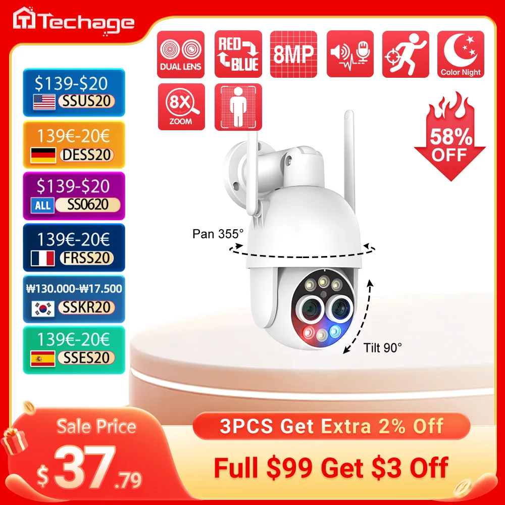 Techage PTZ 4K 8MP WIFI Camera 8X Zoom Wireless IP Camera Dual Lens Two way Audio Color Night Vision Human Detection ONVIF