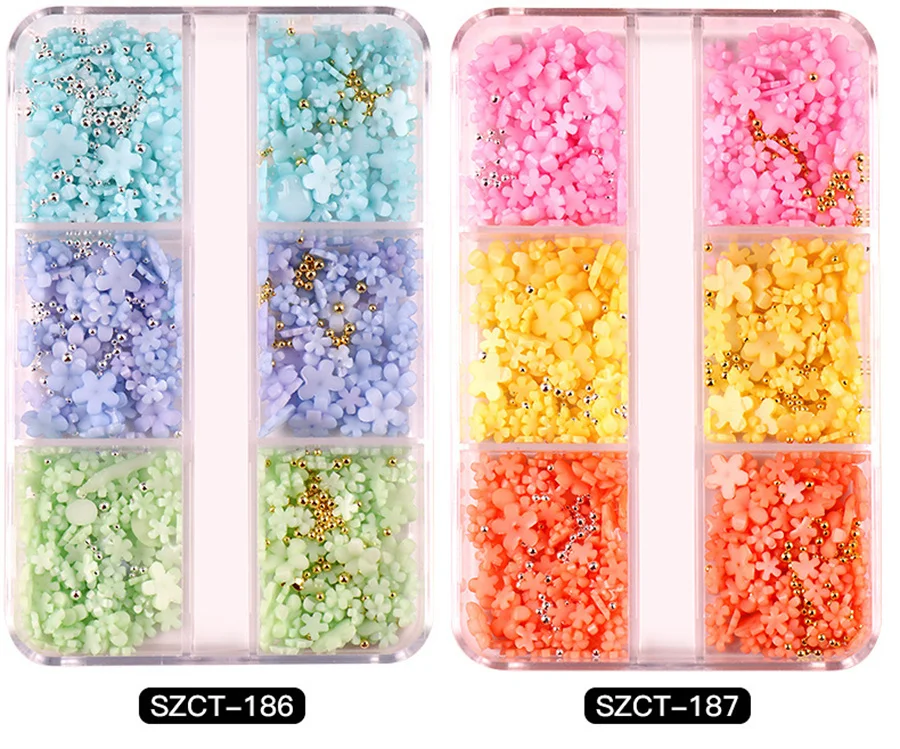 6Grids Nail Art Decorations Korean Small Flower Nail Charms 3D Mini Resin Rhinestones Nail Kawaii Accessories DIY Nail Supplies