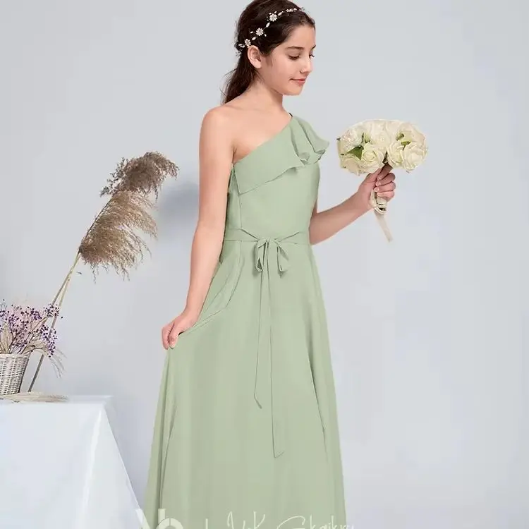 PSM Kids Child A-line One Shoulder Floor-Length Chiffon Junior Bridesmaid Dress With Cascading Ruffles Summer Flower Girl Dress​