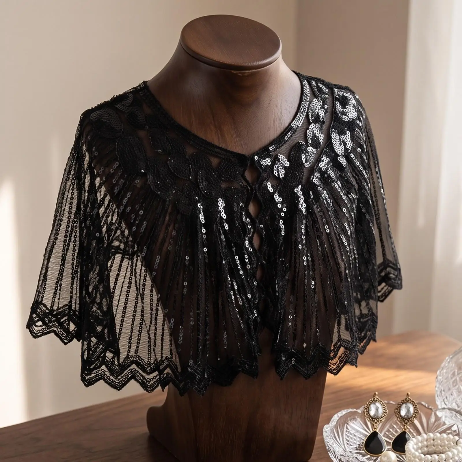 Women Sequin Cape Shawl Vintage Gatsby Accessories Kit with Drop Earrings Necklace for Themed Costume Party Styling
