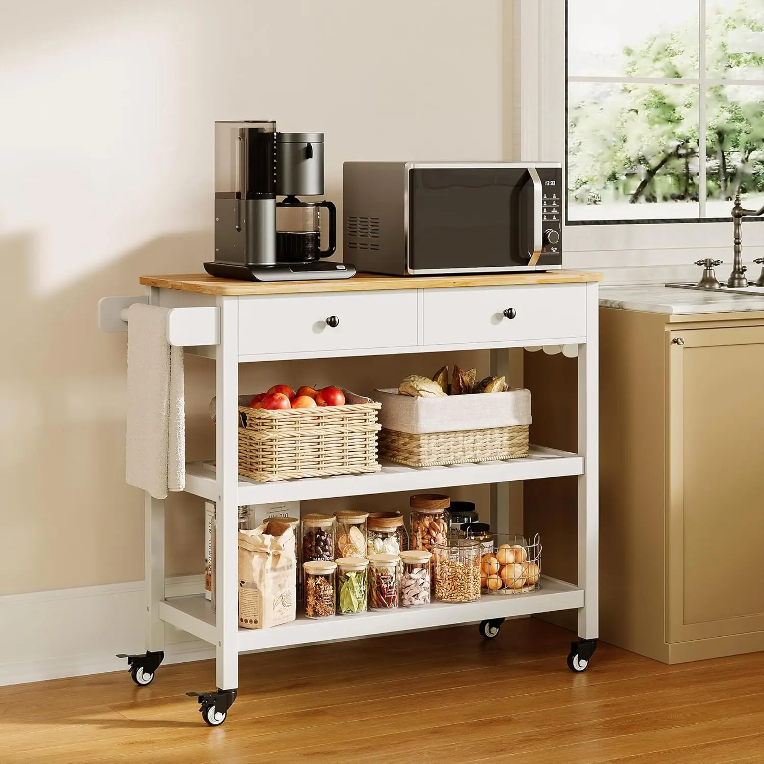 

Kitchen Island Cart on Wheels with 40'' Wood Tabletop, 2 Open Tiers Spacious Storage Shelves and Towel Rack, Rolling Utility Car