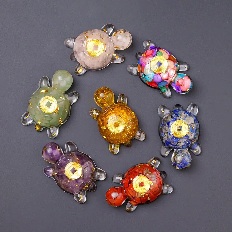 1pc Colorful Natural Crystal Turtle Figurine Lucky Fengshui Stone Tortoise Statue for Home Office Tabletop Decor Display