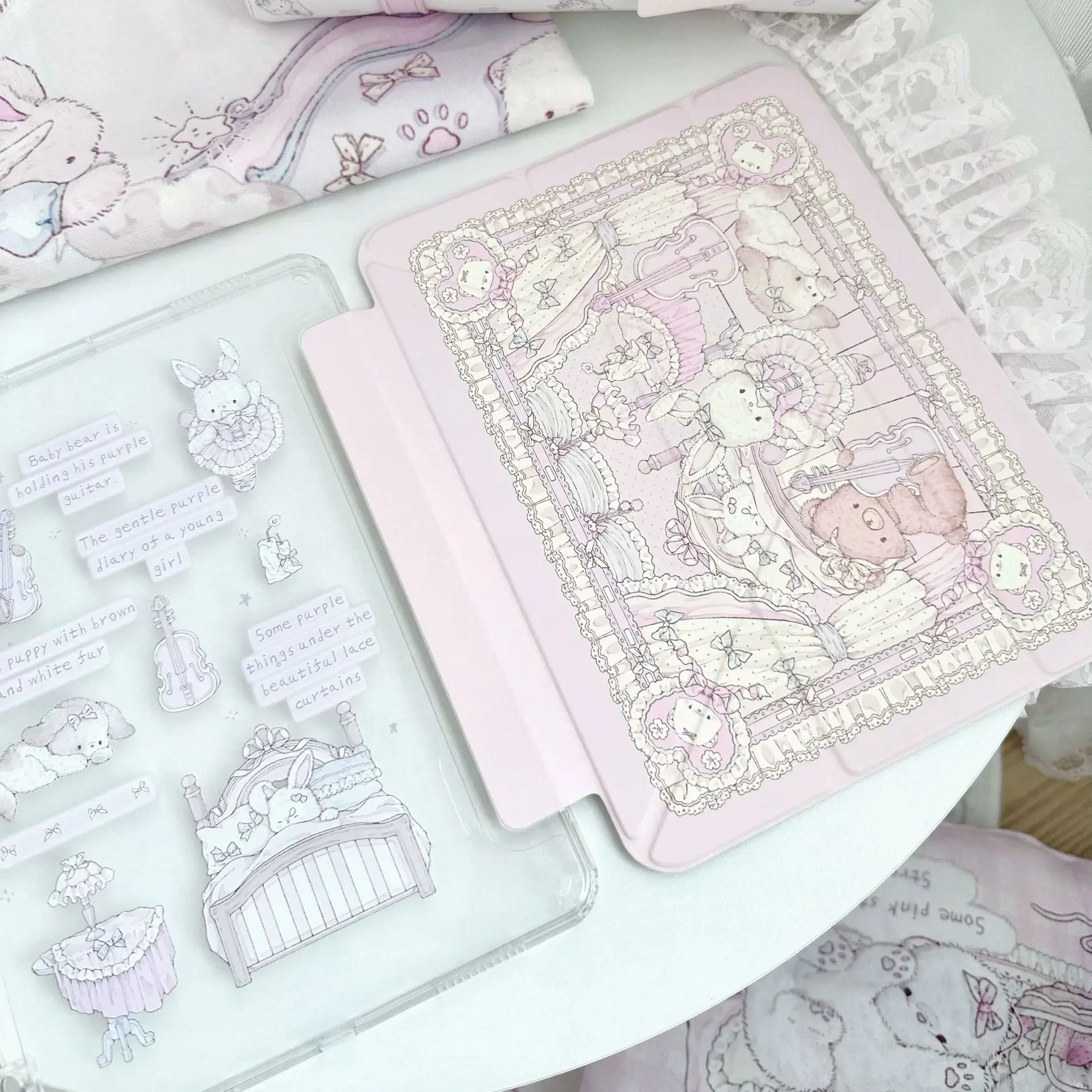Purple Bedroom Music Ball Cartoon Cute Rabbit Bear For iPad Case iPad 10 9 8 7 2020 Air 5 4 3 Pro 11 Mini Y-Fold Tri Fold Cover