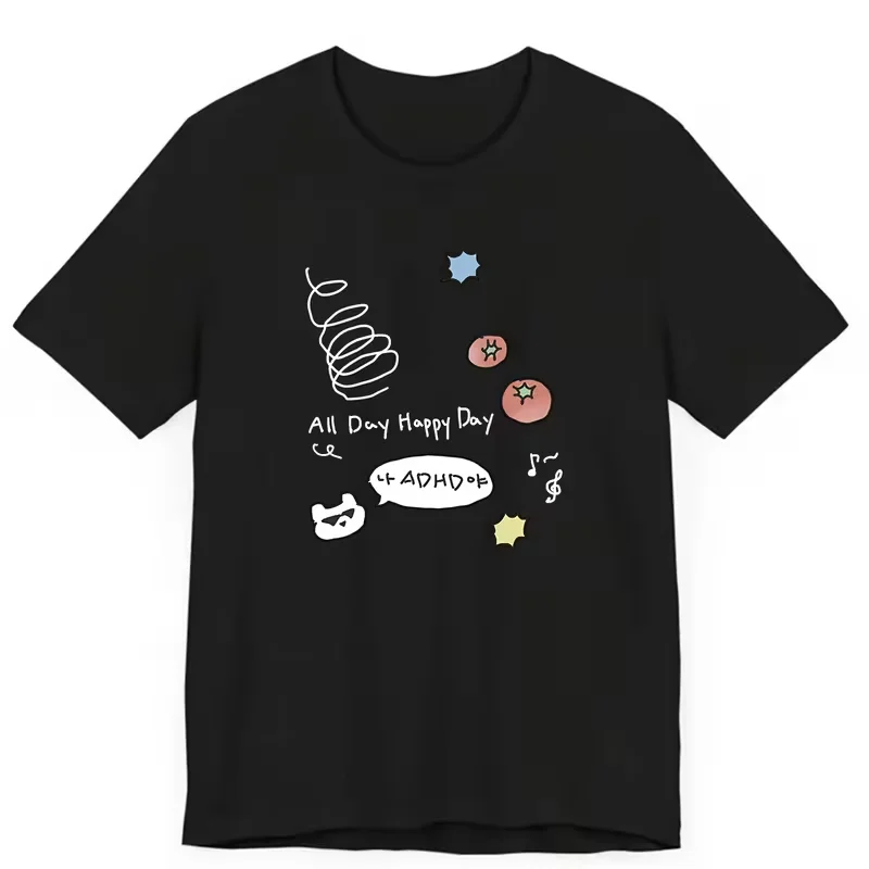 All Day Happy Day ADHD T-Shirt, Cute Doodle Graphic Tee, Funny Casual Short Sleeve Top for Men & Women All-Season Daily wear