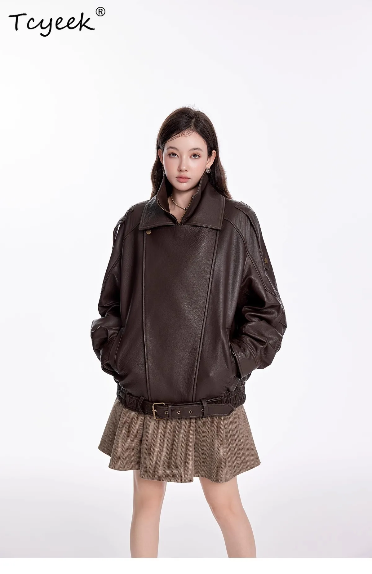 Tcyeek 100% Sheepskin Real Leather Jacket Women Clothes Motorcycle Autumn Womens Coats Fashion Double Collar Jaqueta De Couro