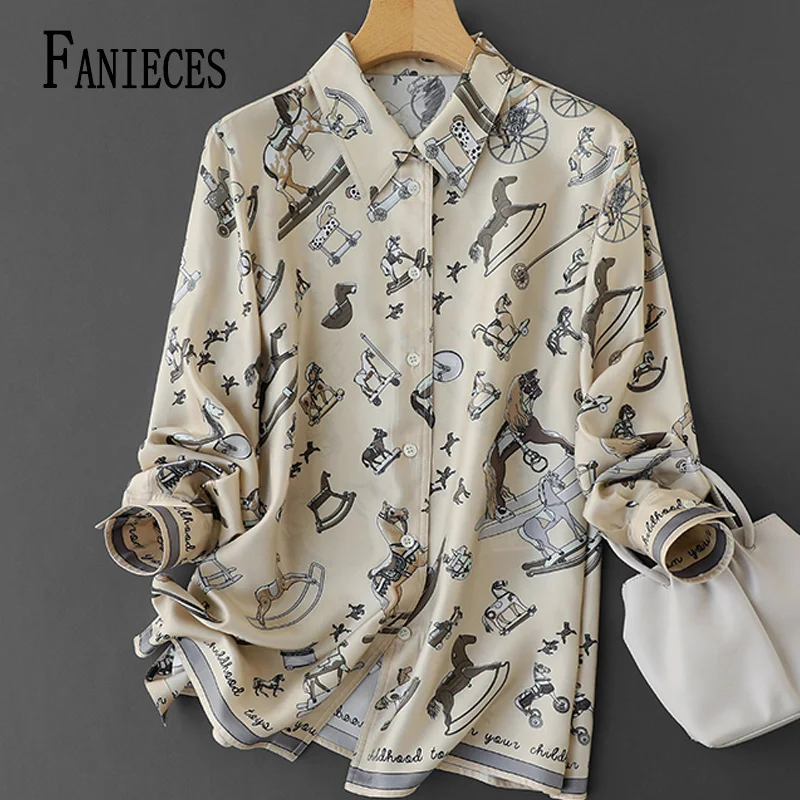 FANIECES Vintage Wooden Horse Print Women Shirts Autumn Long Sleeve Lapel Apricot Casual Blouses ZA Tops חולצות נשים 2024 bluse