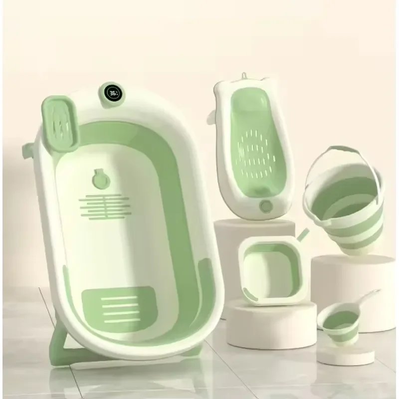 5-In-1 Newborn Bath Set Bath with Shower Rack and Thermometer Bucket and Spoon Baby Bath Accessories