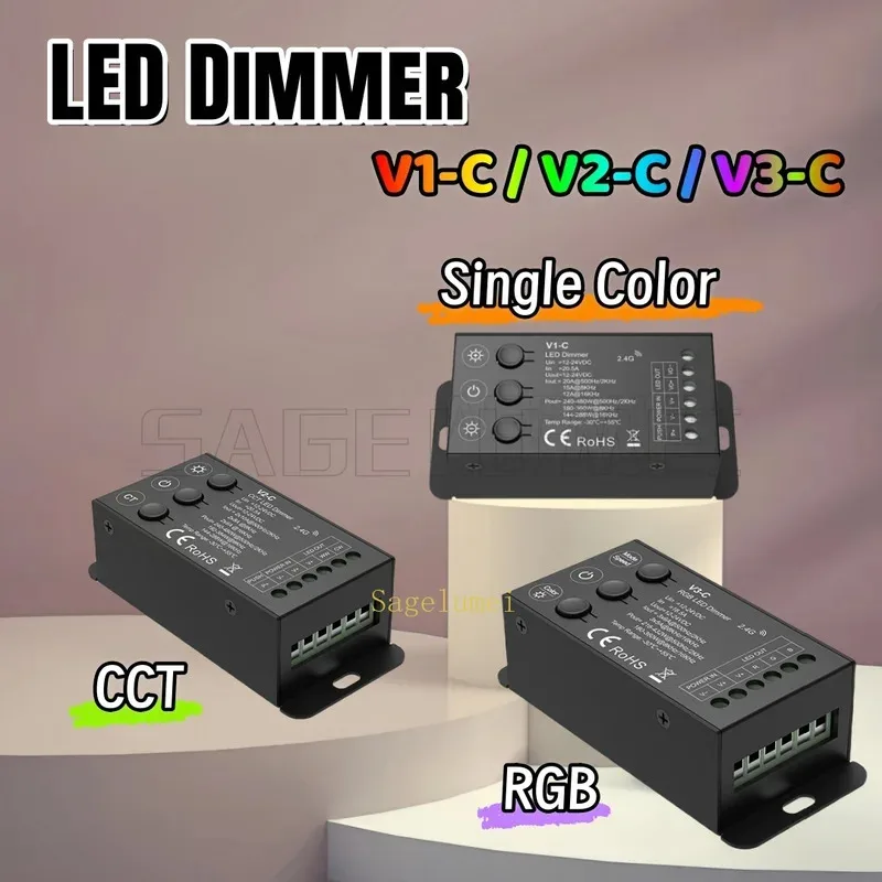 

1/2/3-канальный RF2.4G LED диммер DC12-24V, контроллер для ламп, подходит для светодиодных лент CCT RGB, PWM, одноцветных V1-C, V2-C, V3-C