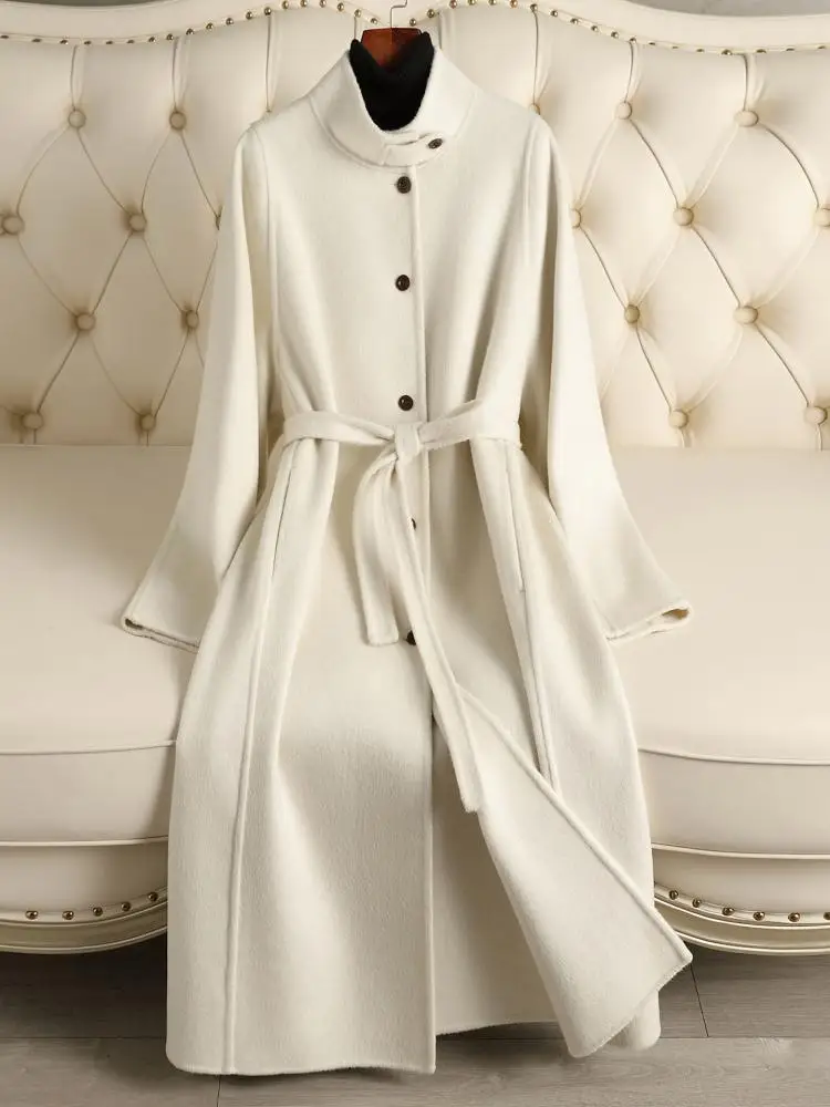 

Office Lady Single-Breasted Cashmere Woolen Jackets 2026 Spring And Autumn Stand Collar Lace-Up Elegant Long Women's Wool Coats