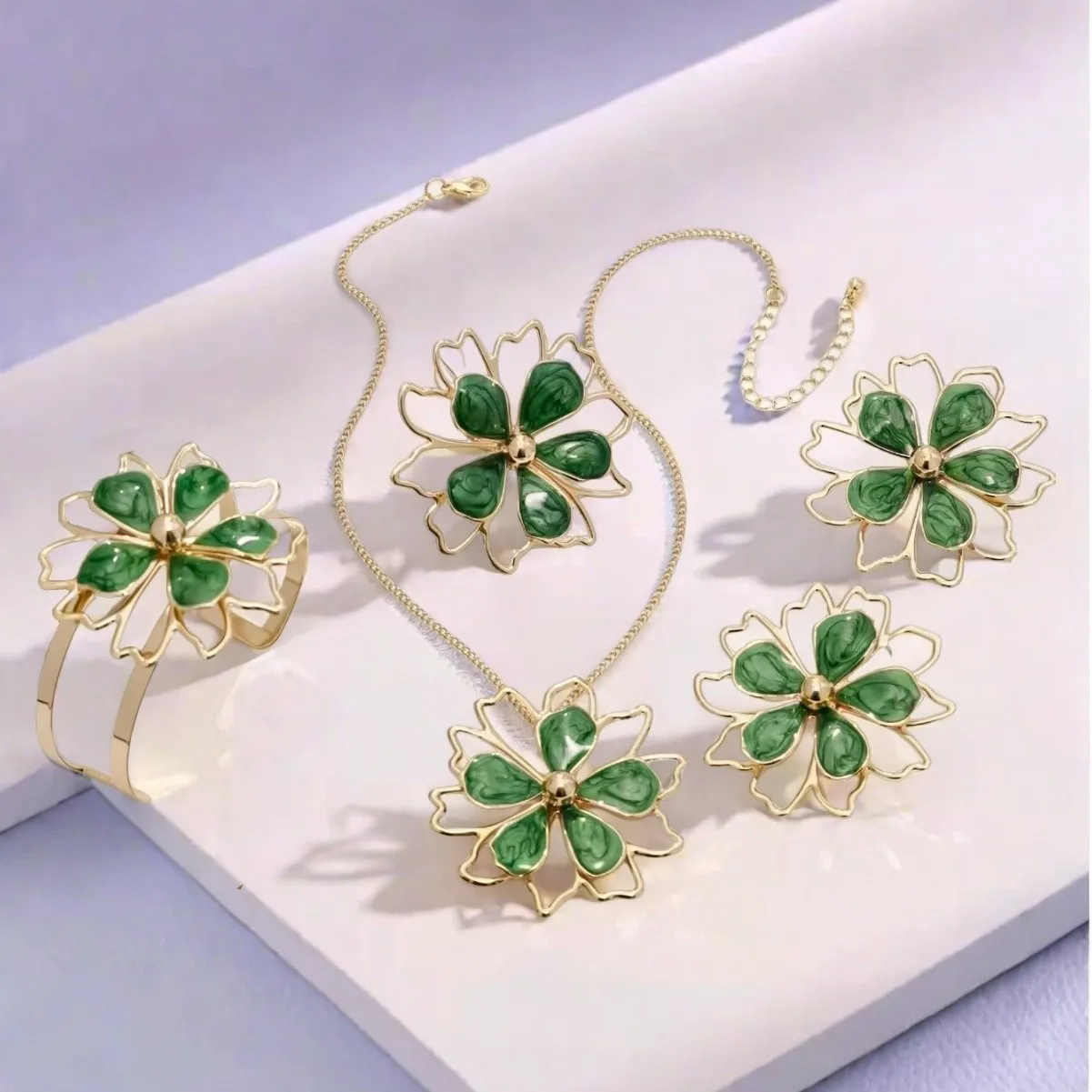 Metal Elegant Embossed Tropical Flower Bracelet, Ring, Earrings, Necklace Set for Women, Holiday Exquisite Temperament Jewelry view 3