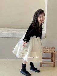 Girls Casual Dresses Autumn Winter French Princess Black Velvet Fluffy Yarn Childrens Clothing Simple Korean Round Collar