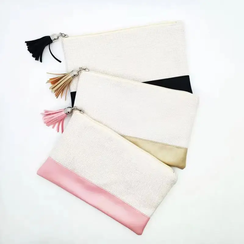 Sublimation Blank Linen Storage Bag With Zipper Heat Transfer For Custom Coin Bag With Tassels Small Cosmetic Bag