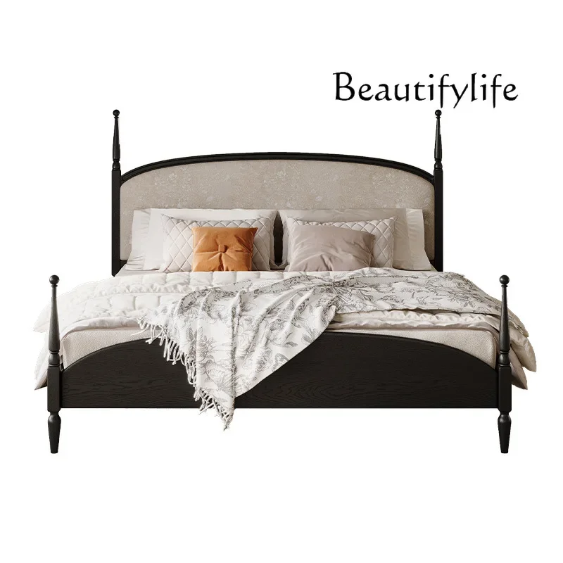 X36 French Retro Modern Simple Solid Wood Bed 1.5 Master Bedroom Black Soft Bag Flannel 1.8 Meters Double Bed