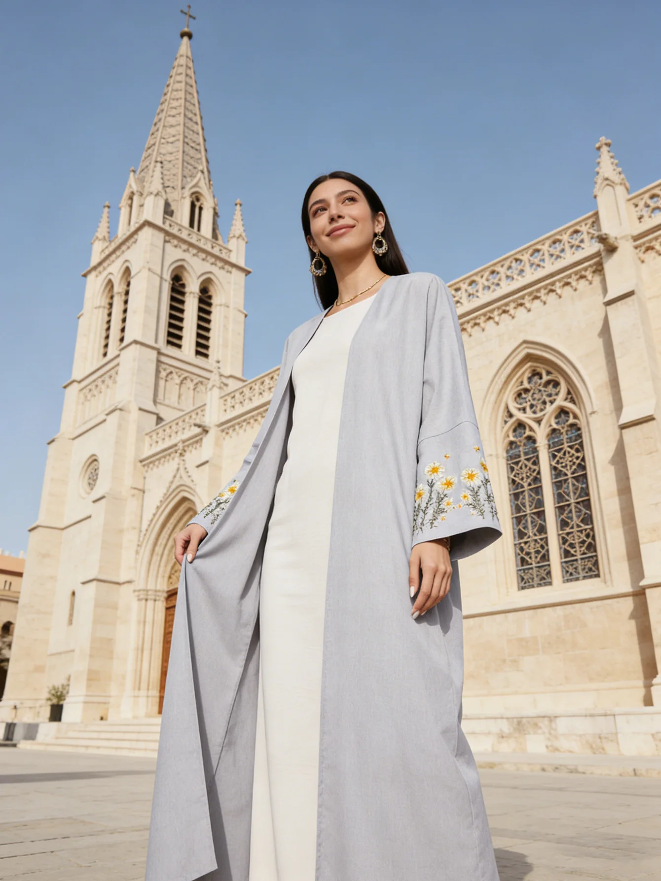 

ИД Рамадан Цветочная Вышивка Абая Скромная Одежда Дубай Абая Турция Льняное Кимоно Исламская Одежда