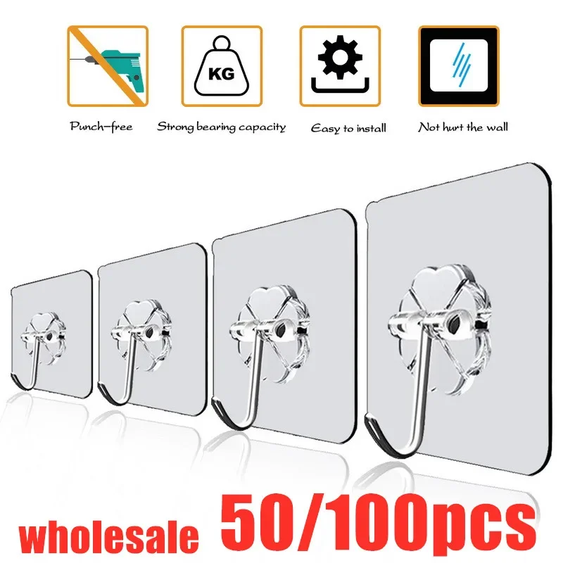 

Wholesale 50/100PCS Transparent Strong Self Adhesive Wall Hook Hanger Suction Heavy Load Rack Sticker Hooks for Kitchen Bathroom