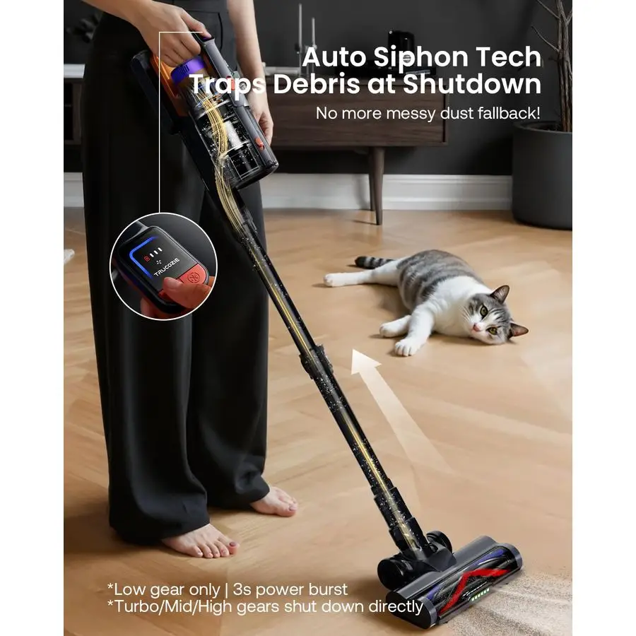 مكنسة كهربائية للمنزل، مكنسة كهربائية مطورة بقوة 60 كيلو باسكال لشعر الحيوانات الأليفة مع وقت تشغيل 70 دقيقة، ضوء LED أخضر للأرضيات الصلبة